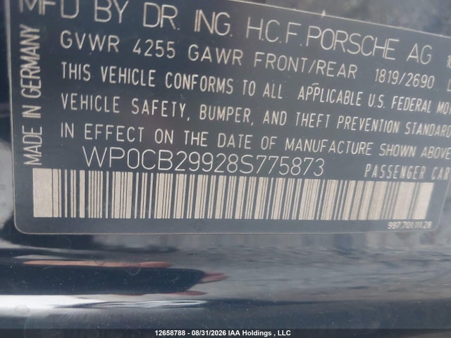 2008 Porsche 911 Carrera S Cabriolet მანქანა იყიდება აუქციონზე, vin: WP0CB29928S775873, აუქციონის ნომერი: 12658788