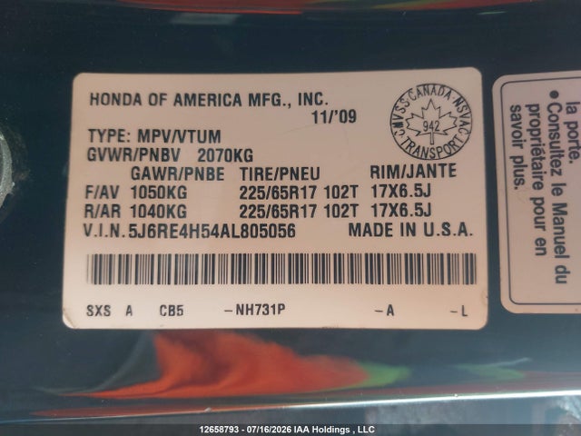 Продаж на аукціоні авто 2010 Honda Cr-v Ex, vin: 5J6RE4H54AL805056, номер лоту: 12658793