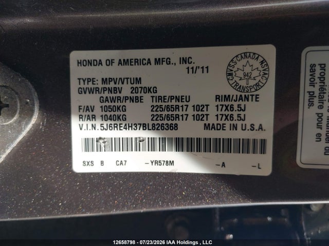 Продажа на аукционе авто 2011 Honda Cr-v Lx, vin: 5J6RE4H37BL826368, номер лота: 12658798