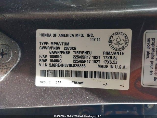 Продажа на аукционе авто 2011 Honda Cr-v Lx, vin: 5J6RE4H37BL826368, номер лота: 12658798