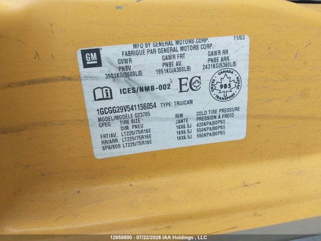 12658800 :رقم المزاد ، 1GCGG29V541156054 vin ، 2004 Chevrolet Express 2500 مزاد بيع