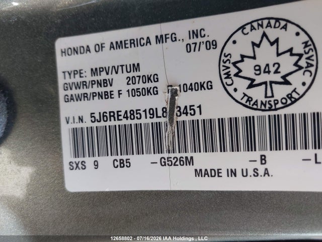 Продажа на аукционе авто 2009 Honda Cr-v Ex, vin: 5J6RE48519L813451, номер лота: 12658802