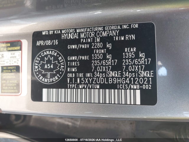 12658808 :رقم المزاد ، 5XYZUDLB9HG412021 vin ، 2017 Hyundai Santa Fe Sport 2.4 Se مزاد بيع