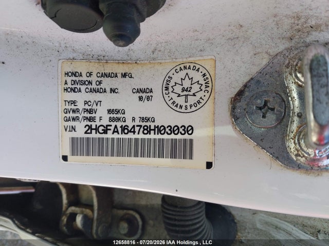 Продажа на аукционе авто 2008 Honda Civic Dx-g, vin: 2HGFA16478H103030, номер лота: 12658816