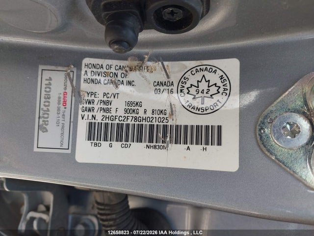 Продажа на аукционе авто 2016 Honda Civic Ex 4dr, vin: 2HGFC2F78GH021025, номер лота: 12658823