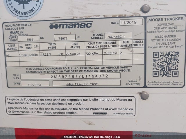 Aukcja sprzedaży 2020 Manac Inc , vin: 2M5921617L1194072, numer aukcji: 12658825