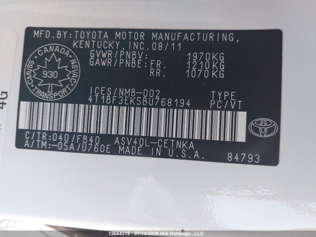 Aukcja sprzedaży 2011 Toyota Camry Le, vin: 4T1BF3EK5BU768194, numer aukcji: 12654319