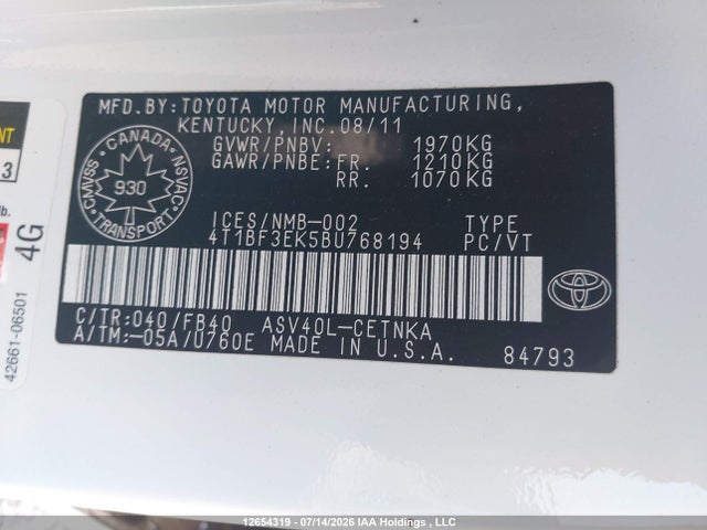 Aukcja sprzedaży 2011 Toyota Camry Le, vin: 4T1BF3EK5BU768194, numer aukcji: 12654319