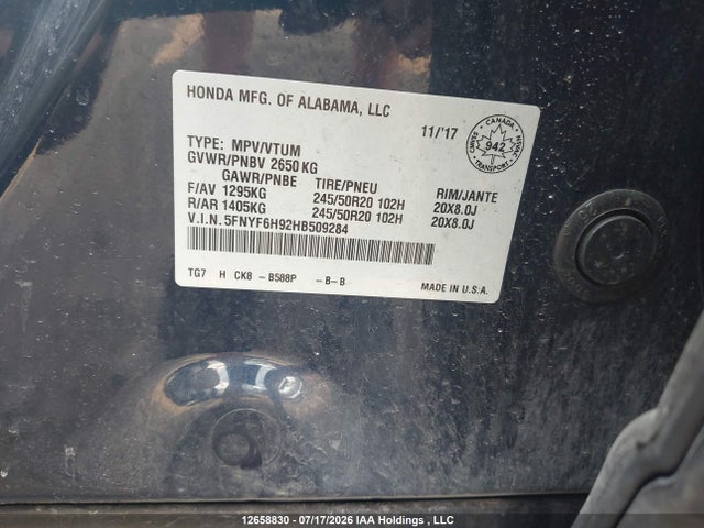 Honda Pilot Touring 2017 5FNYF6H92HB509284 Image 9