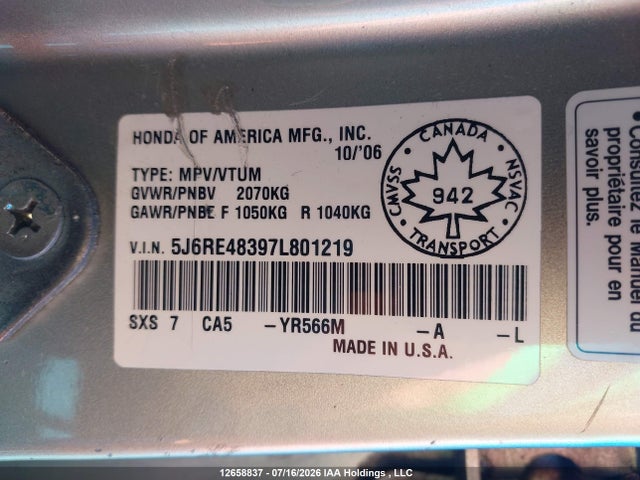 Продаж на аукціоні авто 2007 Honda Cr-v Lx, vin: 5J6RE48397L801219, номер лоту: 12658837