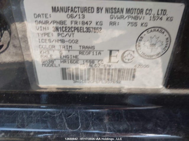 Продаж на аукціоні авто 2014 Nissan Versa Note 1.6 S/1.6 Sl/1.6 Sv, vin: 3N1CE2CP6EL357652, номер лоту: 12658842