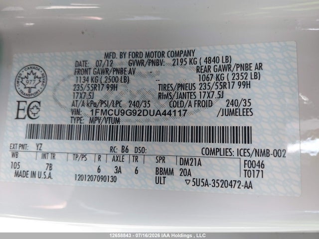 12658843 :رقم المزاد ، 1FMCU9G92DUA44117 vin ، 2013 Ford Escape Se مزاد بيع