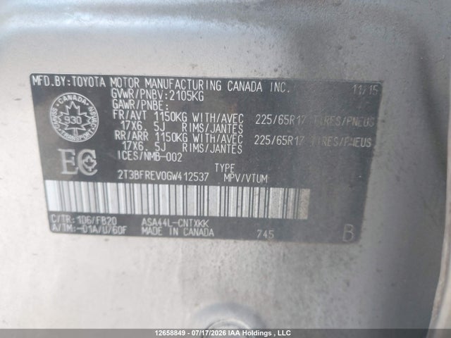 2016 Toyota Rav4 Le მანქანა იყიდება აუქციონზე, vin: 2T3BFREV0GW412537, აუქციონის ნომერი: 12658849