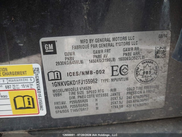 Chevrolet Traverse Lt 2015 1GNKVGKD1FJ155962 Image 9