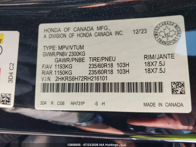 2024 Honda Cr-v Ex-l Hybrid მანქანა იყიდება აუქციონზე, vin: 2HKRS6H72RH216101, აუქციონის ნომერი: 12658855