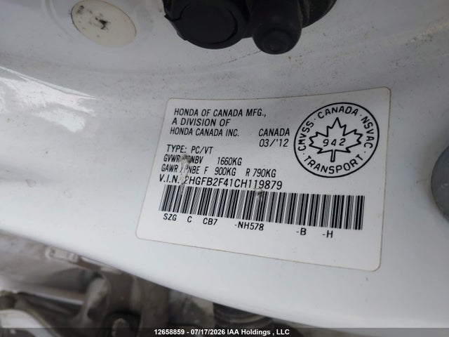 Продажа на аукционе авто 2012 Honda Civic, vin: 2HGFB2F41CH119879, номер лота: 12658859