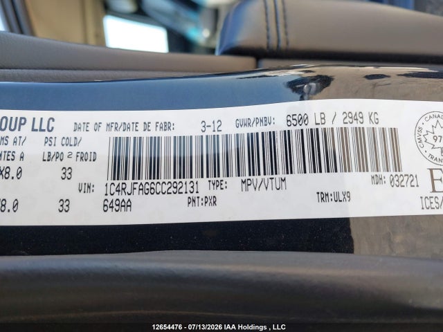 12654476 :رقم المزاد ، 1C4RJFAG6CC292131 vin ، 2012 Jeep Grand Cherokee Laredo مزاد بيع