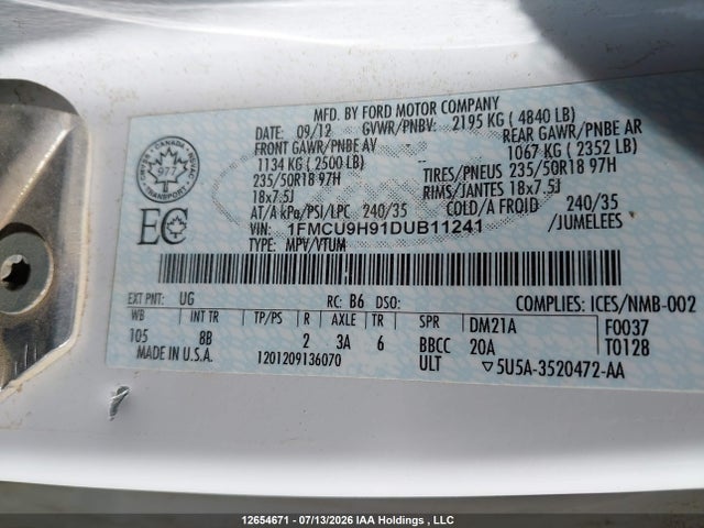 Продажа на аукционе авто 2013 Ford Escape Sel, vin: 1FMCU9H91DUB11241, номер лота: 12654671