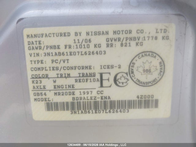 2007 Nissan Sentra 2.0s მანქანა იყიდება აუქციონზე, vin: 3N1AB61E07L626403, აუქციონის ნომერი: 12634489
