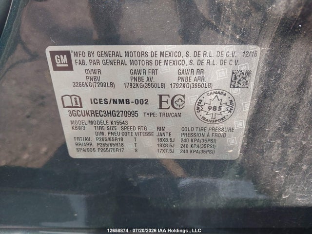 2017 Chevrolet Silverado K1500 Lt მანქანა იყიდება აუქციონზე, vin: 3GCUKREC3HG270995, აუქციონის ნომერი: 12658874