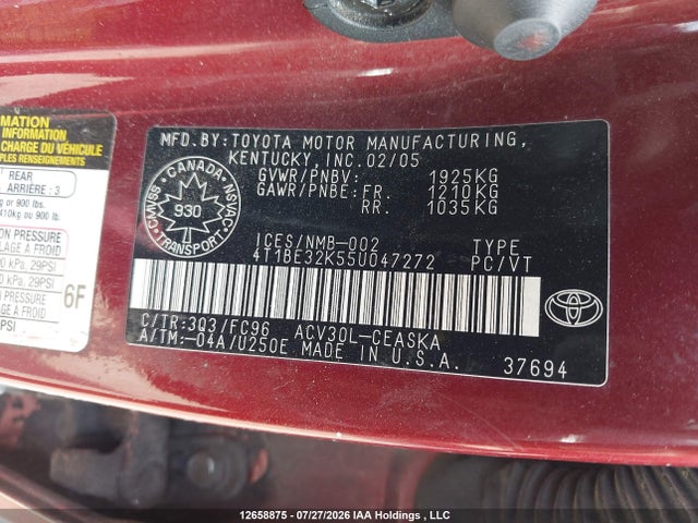 2005 Toyota Camry Le/se მანქანა იყიდება აუქციონზე, vin: 4T1BE32K55U047272, აუქციონის ნომერი: 12658875