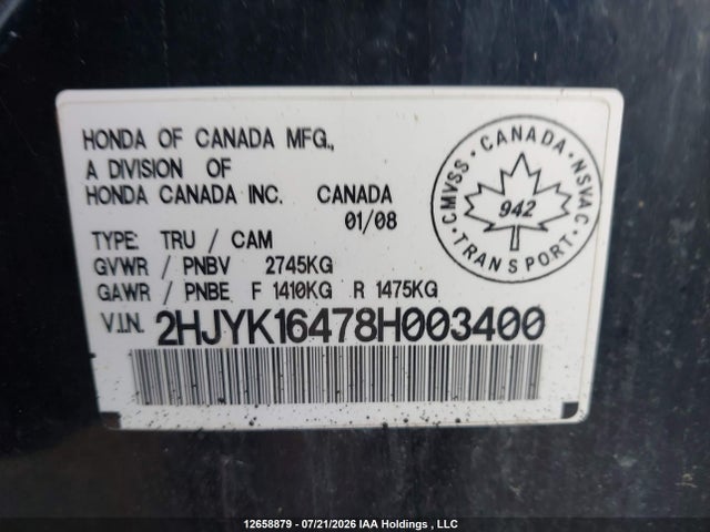 2008 Honda Ridgeline Rts მანქანა იყიდება აუქციონზე, vin: 2HJYK16478H003400, აუქციონის ნომერი: 12658879