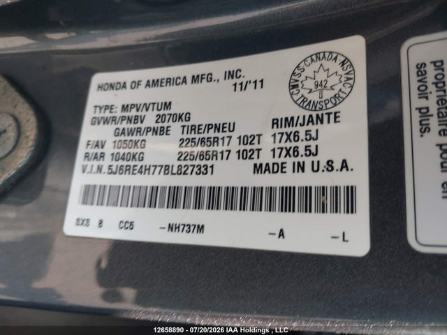 Продаж на аукціоні авто 2011 Honda Cr-v Exl, vin: 5J6RE4H77BL827331, номер лоту: 12658890