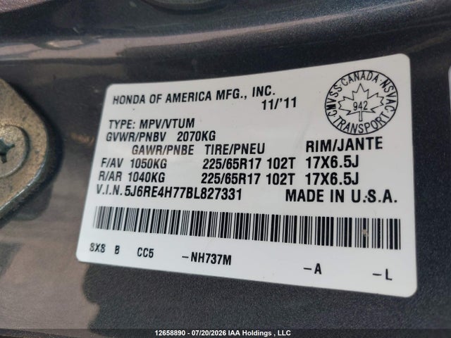 Продаж на аукціоні авто 2011 Honda Cr-v Exl, vin: 5J6RE4H77BL827331, номер лоту: 12658890