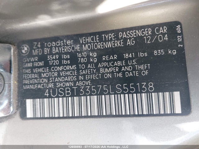 Продаж на аукціоні авто 2005 Bmw Z4 2.5, vin: 4USBT33575LS55138, номер лоту: 12658893
