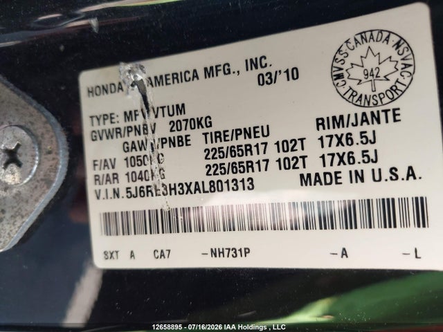 Продажа на аукционе авто 2010 Honda Cr-v Lx, vin: 5J6RE3H3XAL801313, номер лота: 12658895