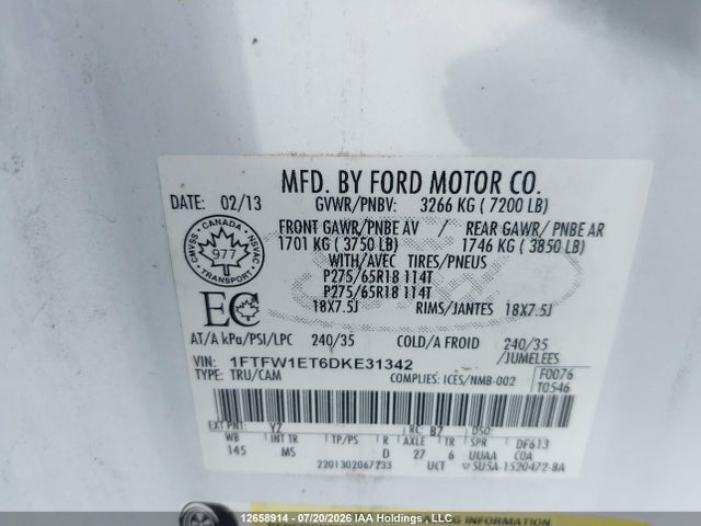12658914 :رقم المزاد ، 1FTFW1ET6DKE31342 vin ، 2013 Ford F150 Supercrew مزاد بيع