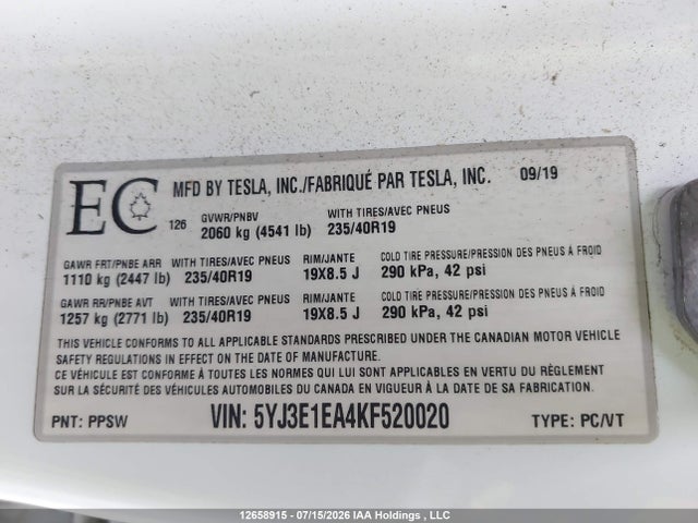 Aukcja sprzedaży 2019 Tesla Model 3, vin: 5YJ3E1EA4KF520020, numer aukcji: 12658915