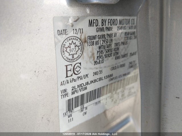 12658919 :رقم المزاد ، 2LMDJ8JK8CBL13586 vin ، 2012 Lincoln Mkx مزاد بيع