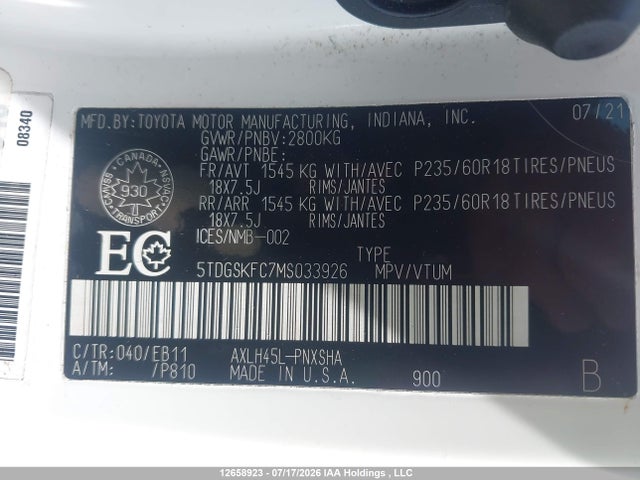 2021 Toyota Sienna Xse 7-passenger მანქანა იყიდება აუქციონზე, vin: 5TDGSKFC7MS033926, აუქციონის ნომერი: 12658923