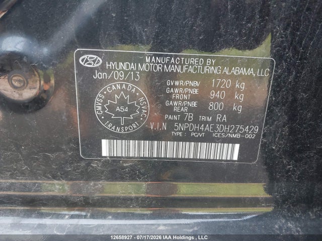 Продаж на аукціоні авто 2013 Hyundai Elantra Gls/limited, vin: 5NPDH4AE3DH275429, номер лоту: 12658927