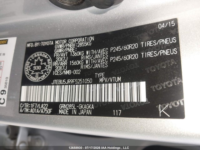 Toyota 4runner Sr5 V6 2015 JTEBU5JR9F5251050 Image 9