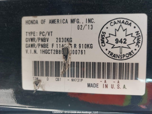 12658934 :رقم المزاد ، 1HGCT2B88DA800761 vin ، 2013 Honda Accord Exl مزاد بيع
