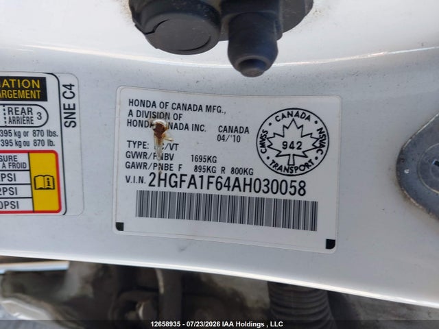12658935 :رقم المزاد ، 2HGFA1F64AH030058 vin ، 2010 Honda Civic Sport مزاد بيع
