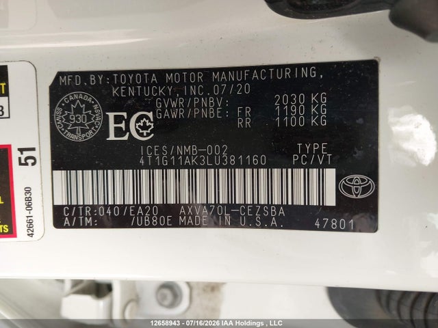 12658943 :رقم المزاد ، 4T1G11AK3LU381160 vin ، 2020 Toyota Camry Se/se Night Shade مزاد بيع