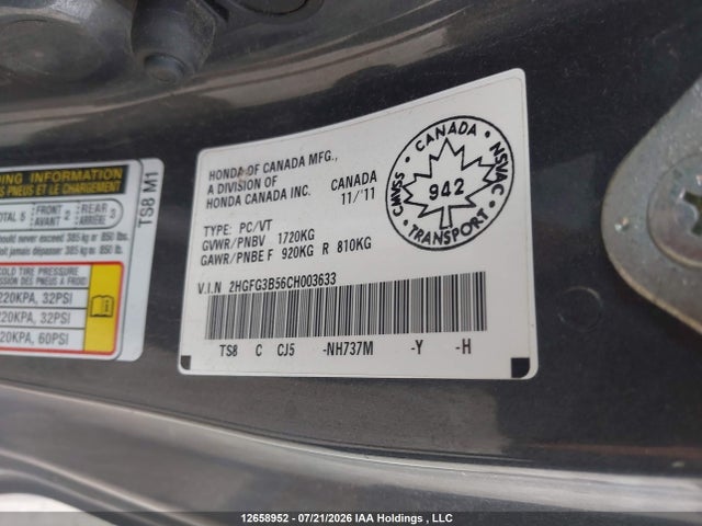 Продажа на аукционе авто 2012 Honda Civic Lx, vin: 2HGFG3B56CH003633, номер лота: 12658952