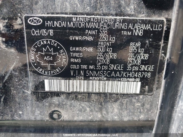12658973 :رقم المزاد ، 5NMS3CAA7KH048798 vin ، 2019 Hyundai Santa Fe Sel/sel Plus مزاد بيع