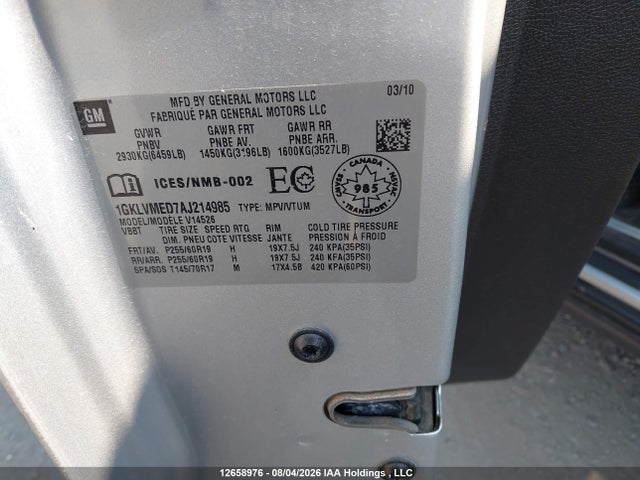 2010 Gmc Acadia Slt-1 მანქანა იყიდება აუქციონზე, vin: 1GKLVMED7AJ214985, აუქციონის ნომერი: 12658976