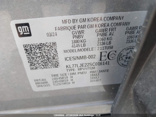 Aukcja sprzedaży 2025 Chevrolet Trax 2rs Fwd, vin: KL77LJE22SC016141, numer aukcji: 12658984