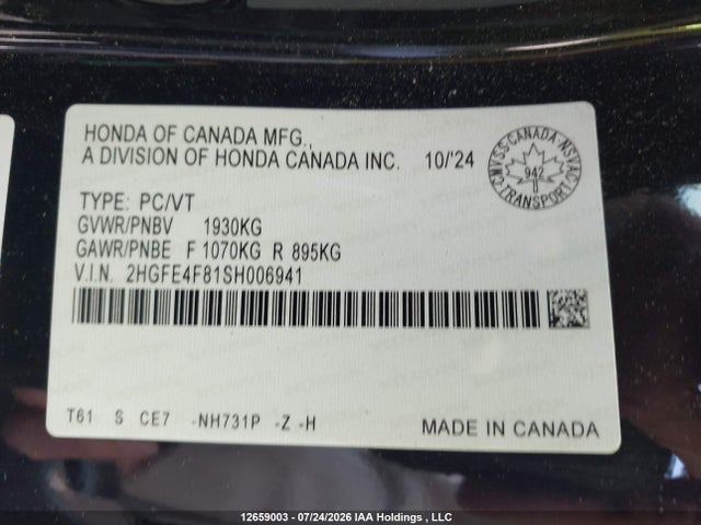 2025 Honda Civic მანქანა იყიდება აუქციონზე, vin: 2HGFE4F81SH006941, აუქციონის ნომერი: 12659003