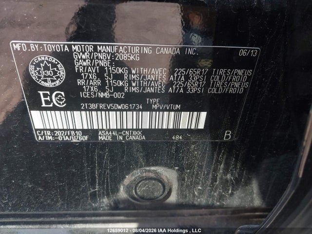 Продаж на аукціоні авто 2013 Toyota Rav4 Le, vin: 2T3BFREV5DW061734, номер лоту: 12659012