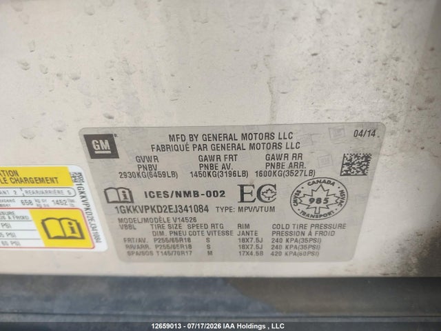 12659013 :رقم المزاد ، 1GKKVPKD2EJ341084 vin ، 2014 Gmc Acadia Sle مزاد بيع