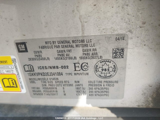 12659013 :رقم المزاد ، 1GKKVPKD2EJ341084 vin ، 2014 Gmc Acadia Sle مزاد بيع