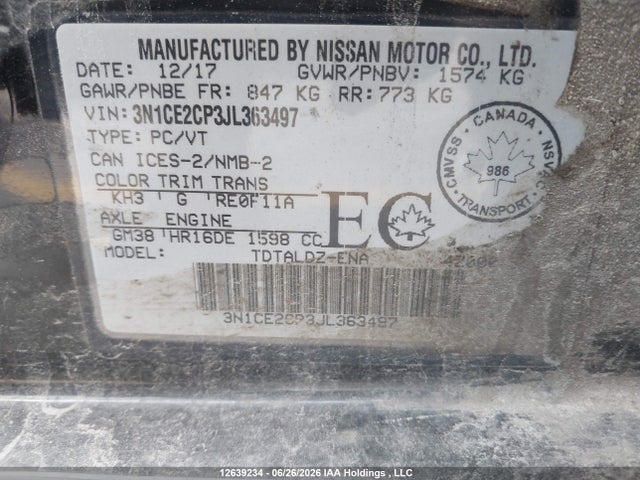 3N1CE2CP3JL363497 Nissan Versa Note 1.6 S/1.6 Sr/1.6 Sv