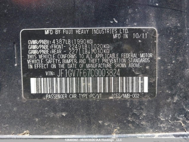2012 Subaru Wrx Limited მანქანა იყიდება აუქციონზე, vin: JF1GV7F67CG003824, აუქციონის ნომერი: 12640362