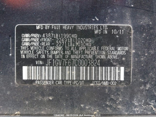 2012 Subaru Wrx Limited მანქანა იყიდება აუქციონზე, vin: JF1GV7F67CG003824, აუქციონის ნომერი: 12640362